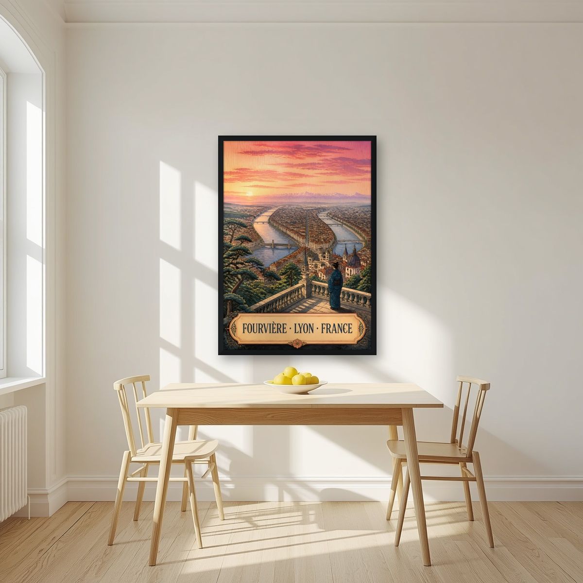 Fourvière — Lyon art print, in a black frame, styled in a kitchen