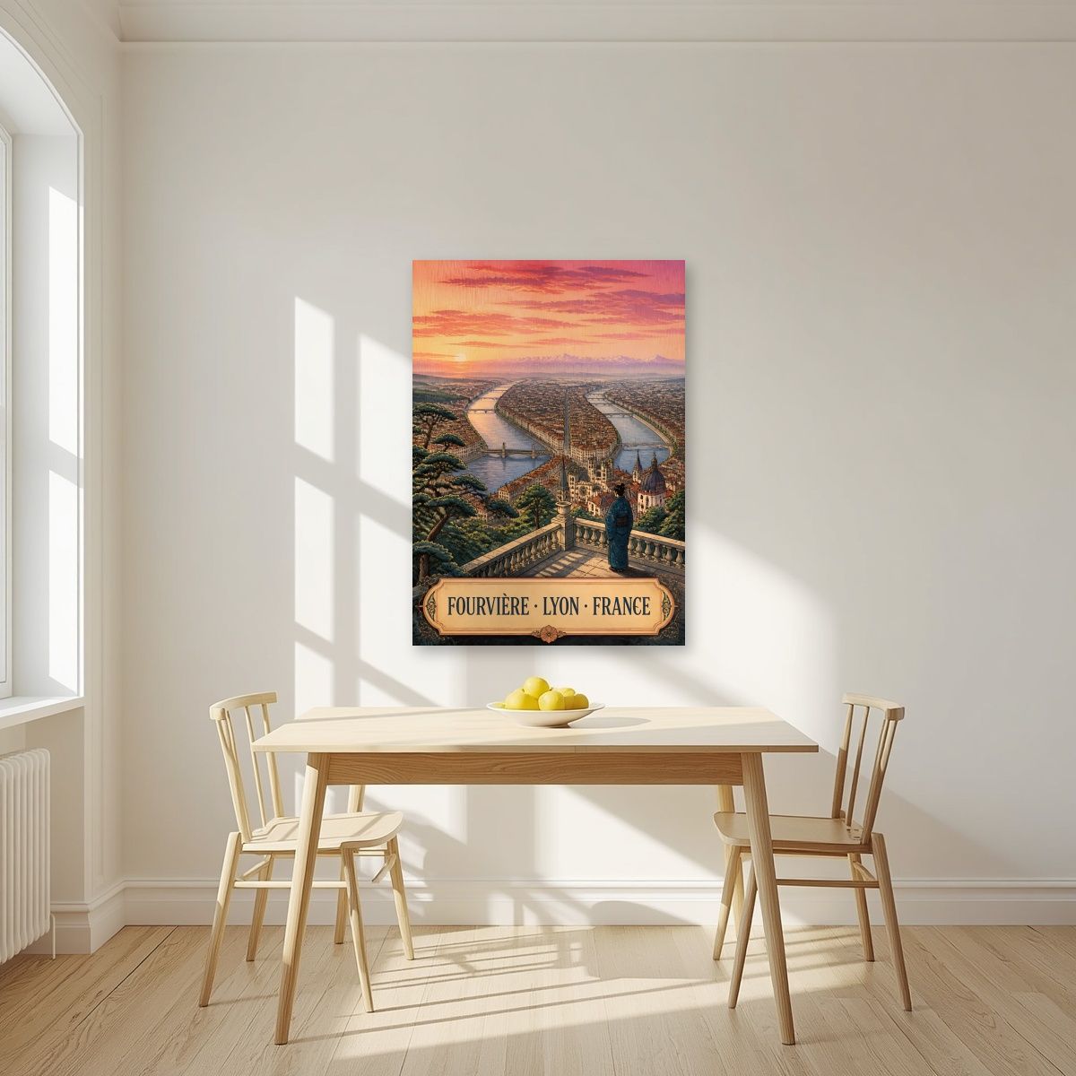 Fourvière — Lyon art print, unframed poster, styled in a kitchen