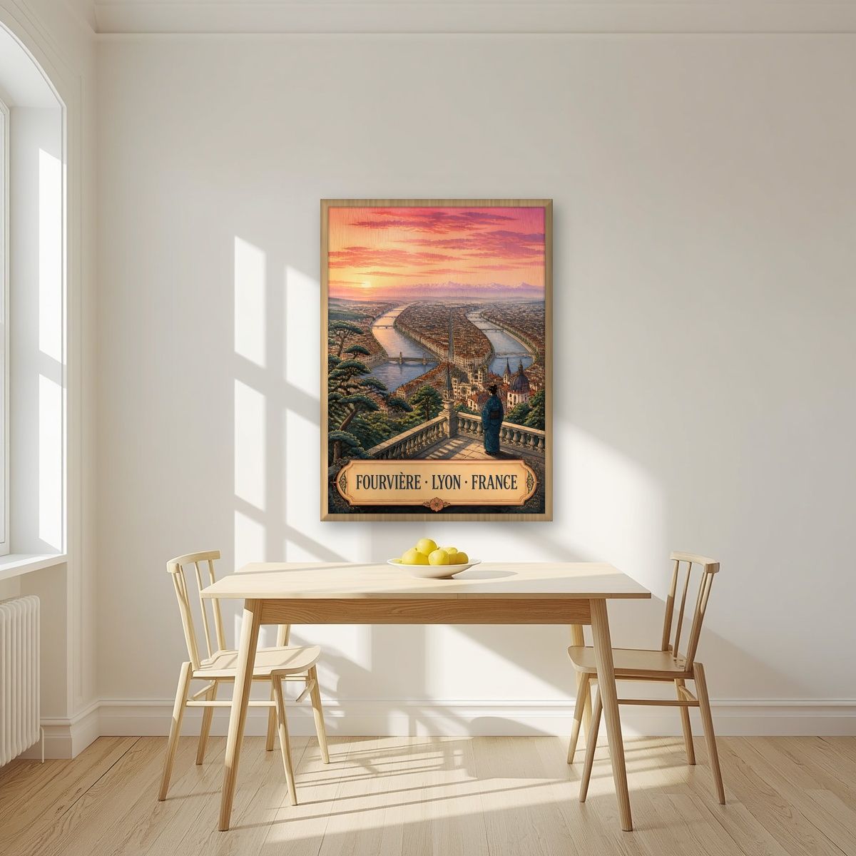 Fourvière — Lyon art print, in an oak frame, styled in a kitchen