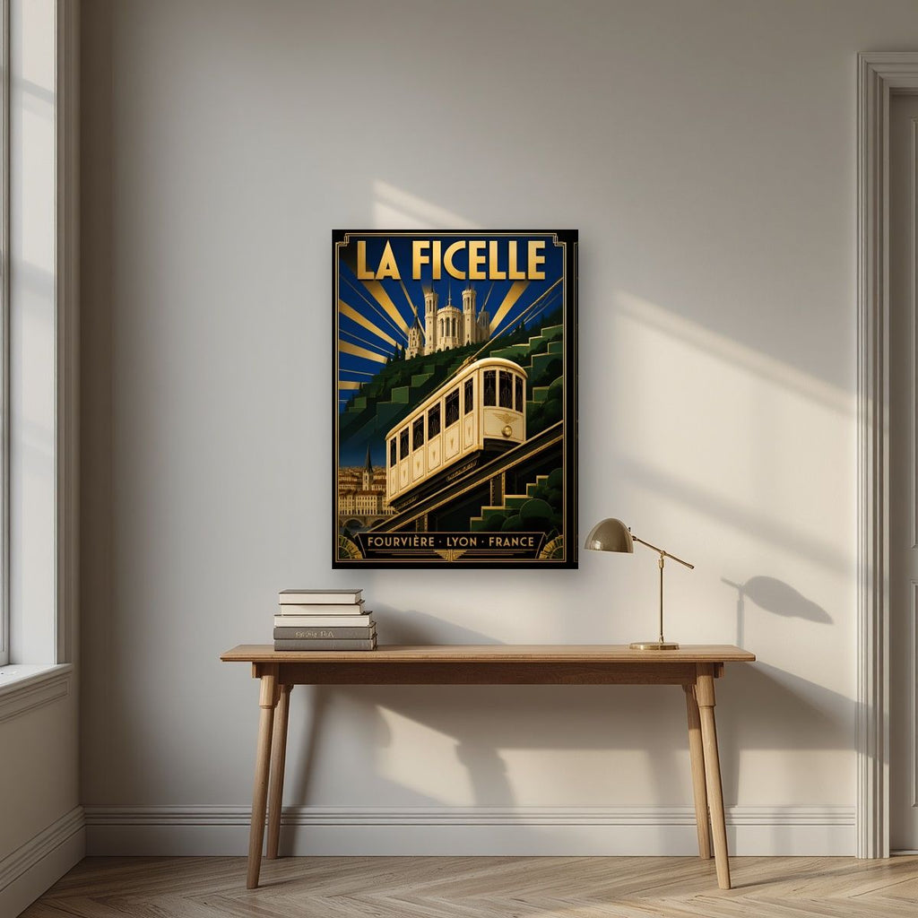 La Ficelle — Lyon art print, on slim canvas, styled in a desk