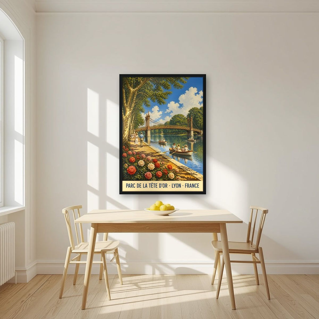 Parc de la Tête d'Or — Lyon art print, in a black frame, styled in a kitchen