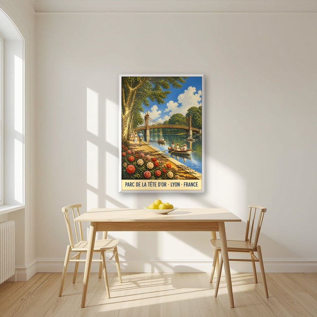 Parc de la Tête d'Or — Lyon art print, in a white frame, styled in a kitchen