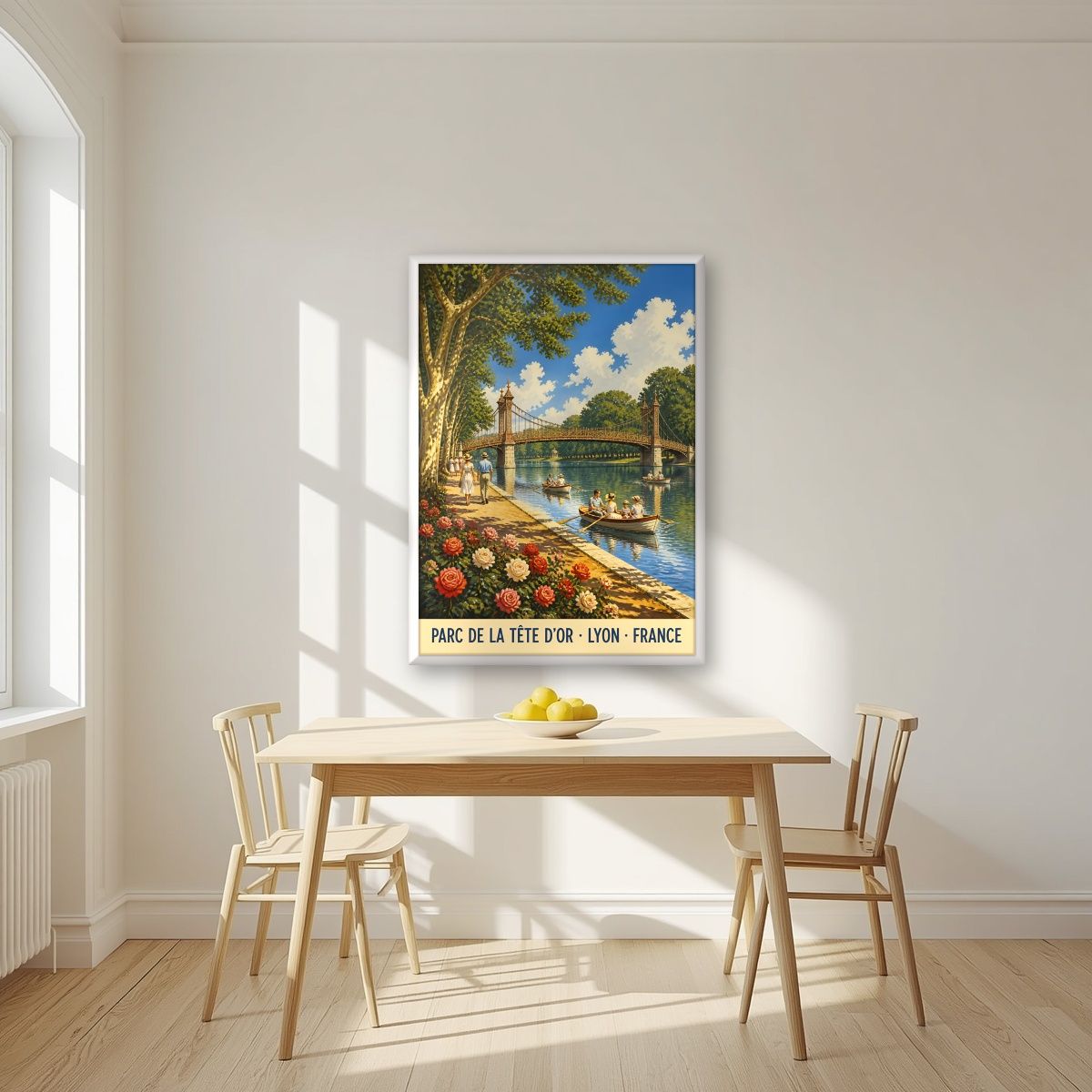 Parc de la Tête d'Or — Lyon art print, in a white frame, styled in a kitchen