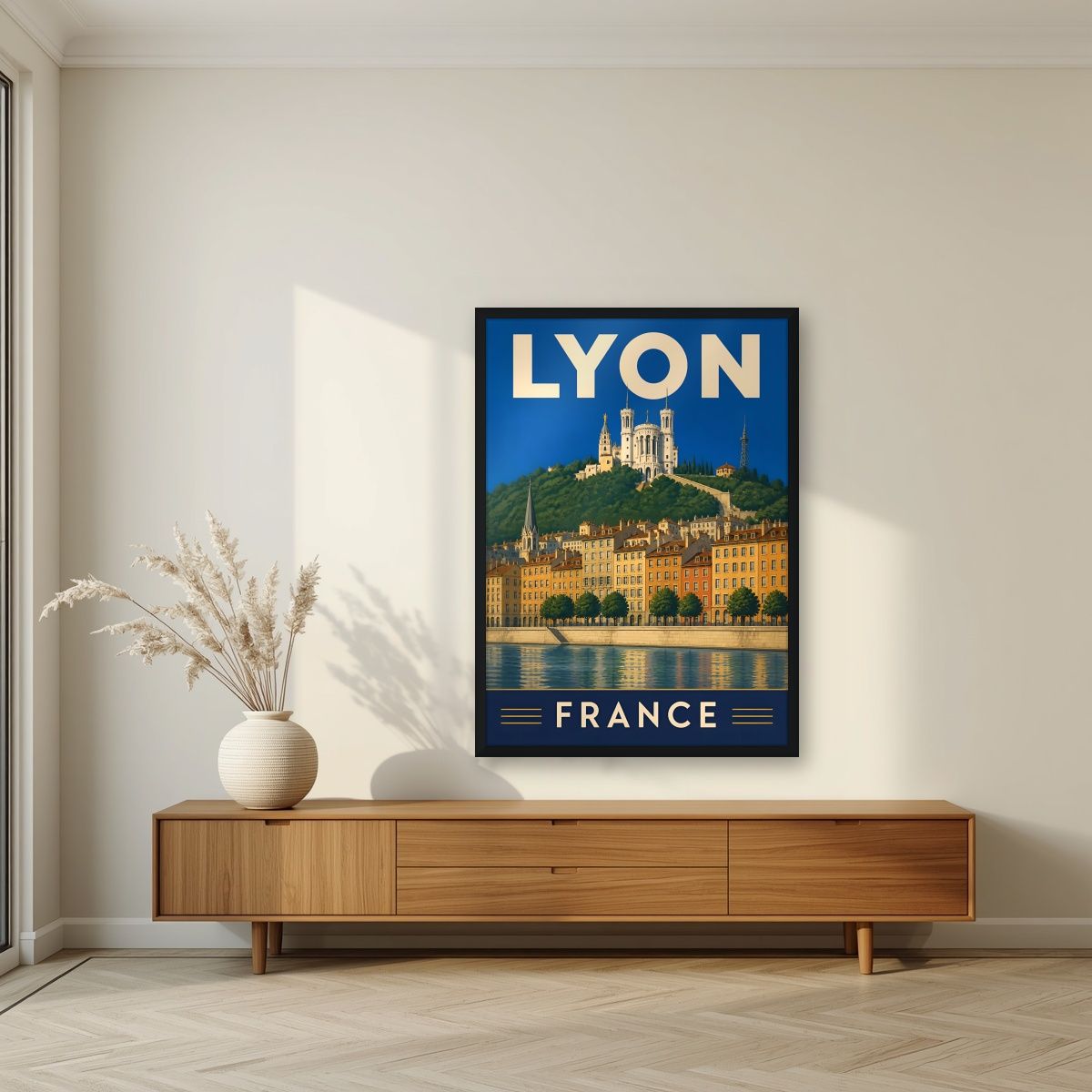 Quais de Saône — Lyon art print, in a black frame, styled in a living room