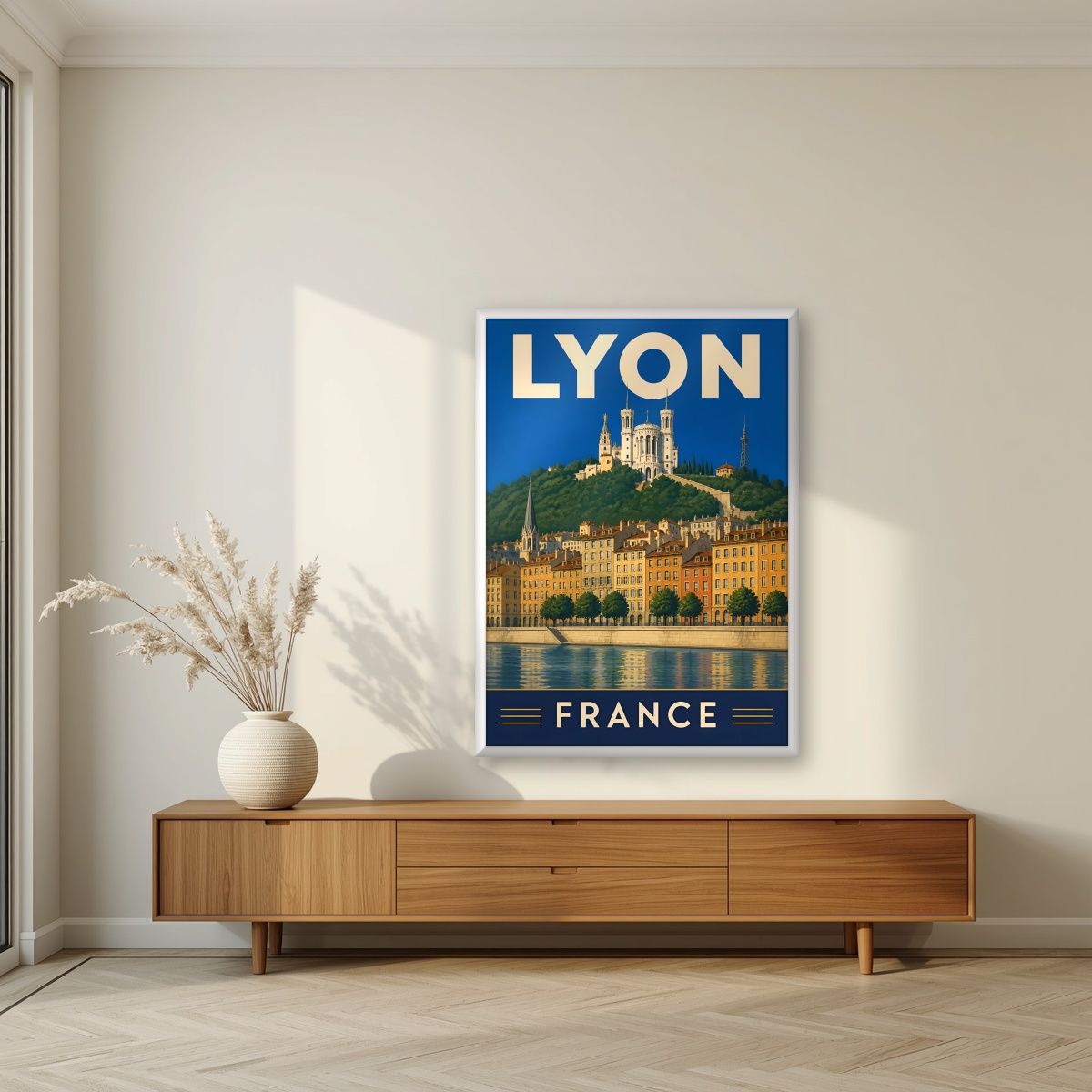 Quais de Saône — Lyon art print, in a white frame, styled in a living room