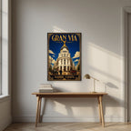 Gran Vía — Madrid art print, unframed poster, styled in a desk