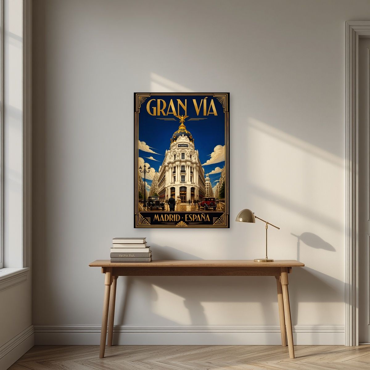 Gran Vía — Madrid art print, unframed poster, styled in a desk