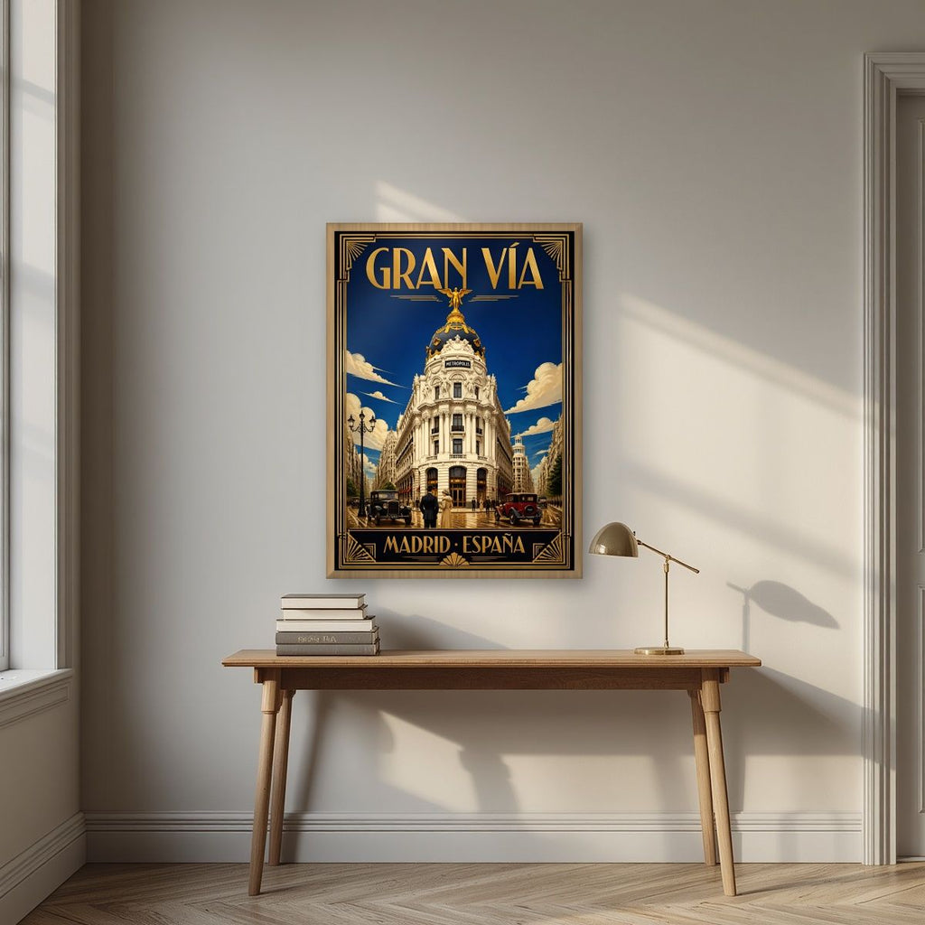 Gran Vía — Madrid art print, in an oak frame, styled in a desk