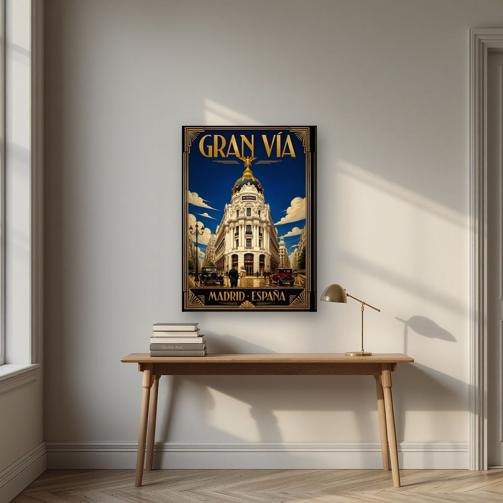 Gran Vía — Madrid art print, on slim canvas, styled in a desk