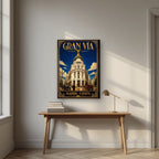 Gran Vía — Madrid art print, on slim canvas, styled in a desk