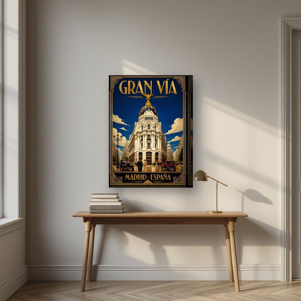 Gran Vía — Madrid art print, on thick canvas, styled in a desk