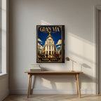 Gran Vía — Madrid art print, on thick canvas, styled in a desk