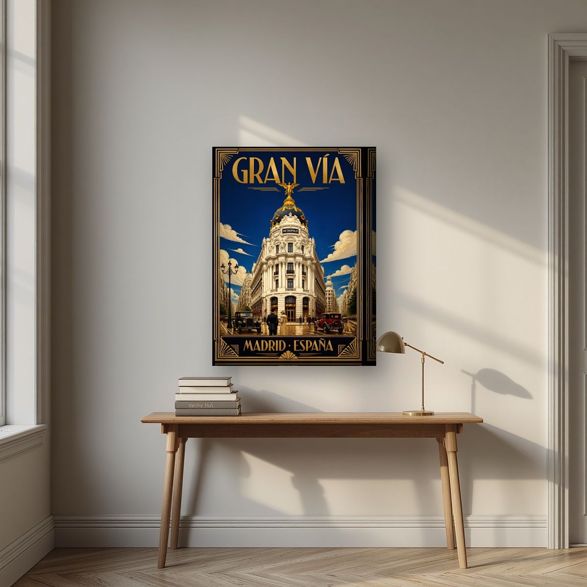 Gran Vía — Madrid art print, on thick canvas, styled in a desk
