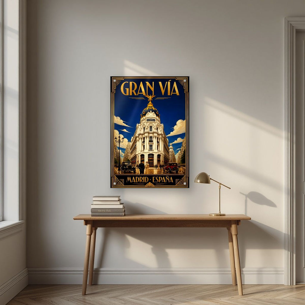 Gran Vía — Madrid art print, as an acrylic print, styled in a desk