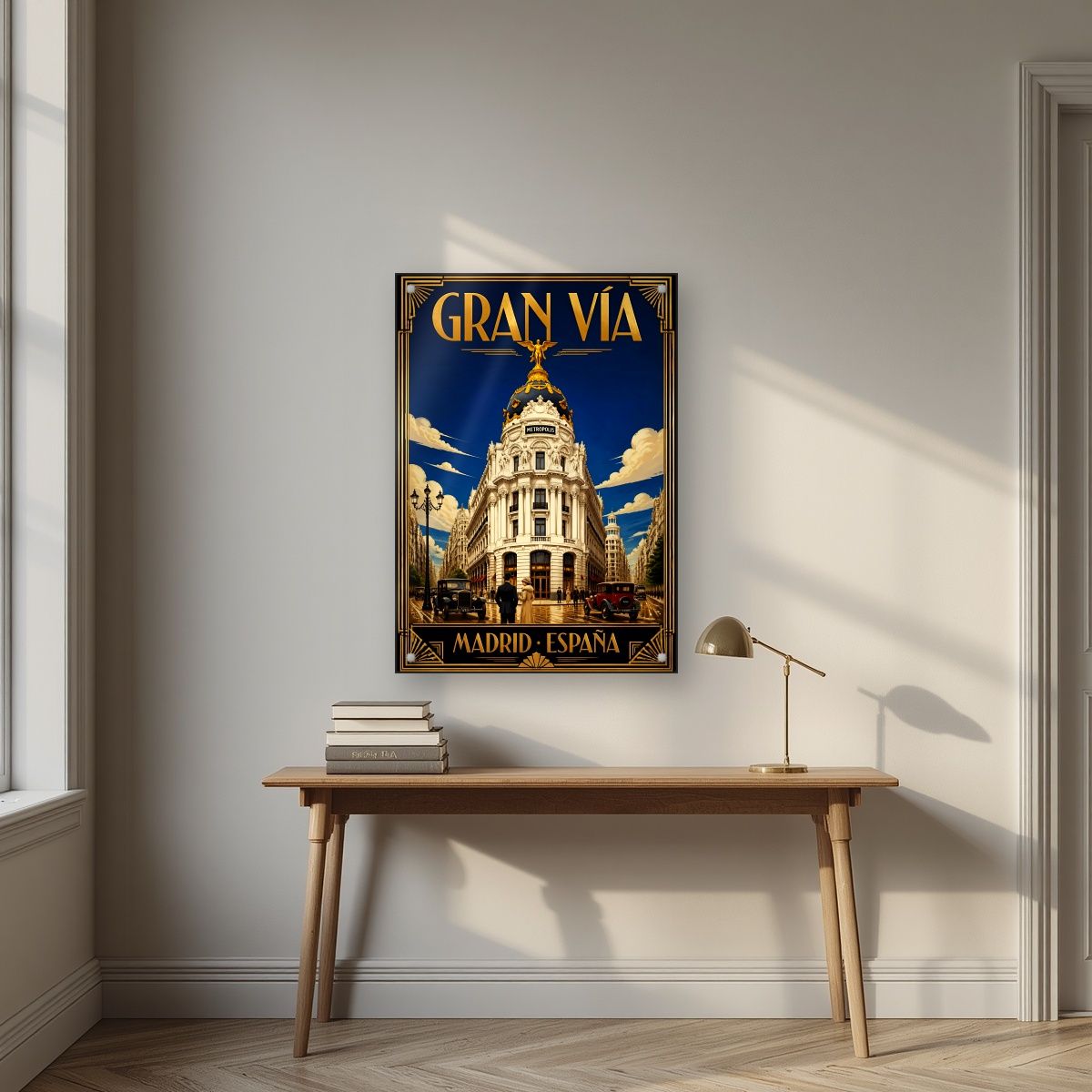 Gran Vía — Madrid art print, as an acrylic print, styled in a desk