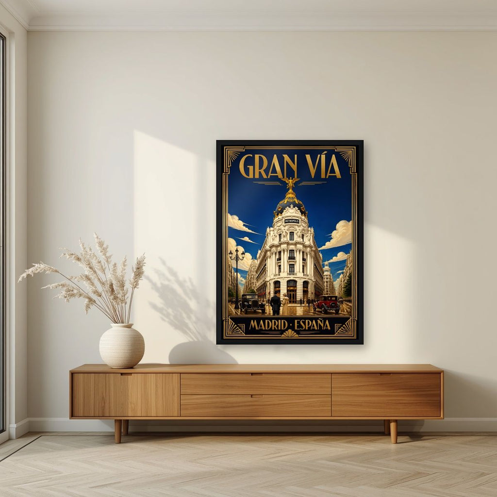 Gran Vía — Madrid art print, in a black frame, styled in a living room