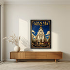 Gran Vía — Madrid art print, in a black frame, styled in a living room
