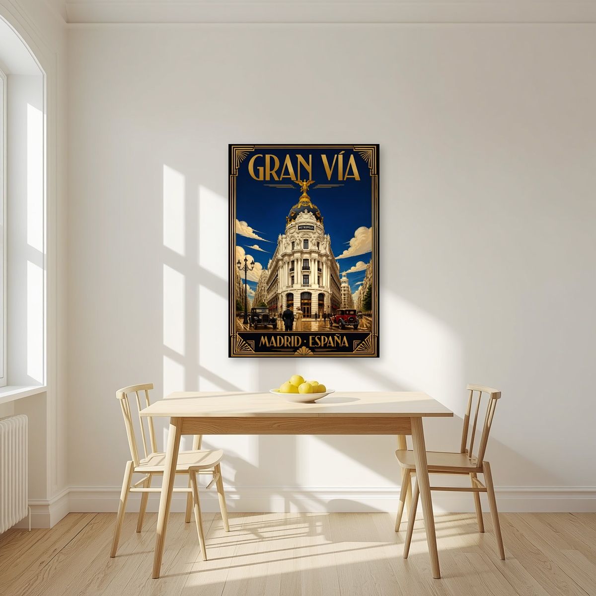 Gran Vía — Madrid art print, unframed poster, styled in a kitchen