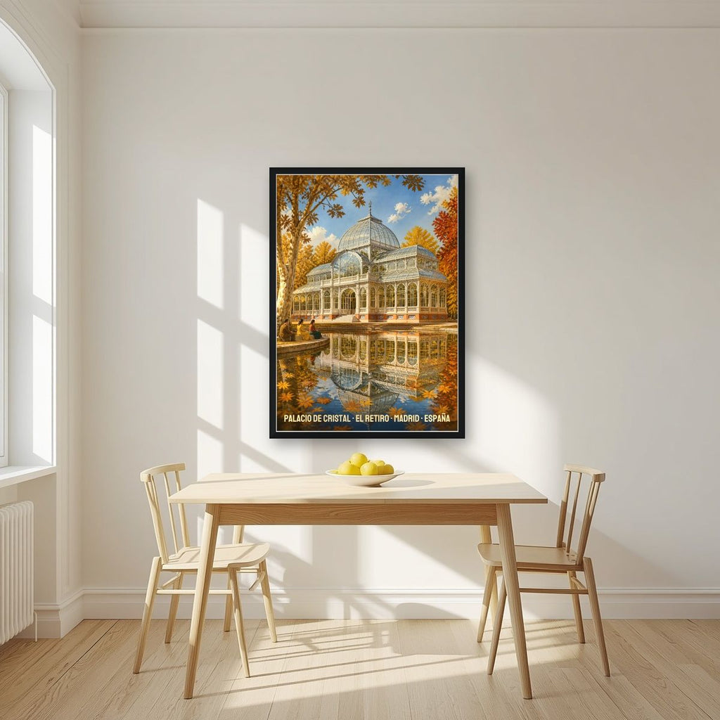 Palacio de Cristal — Madrid art print, in a black frame, styled in a kitchen