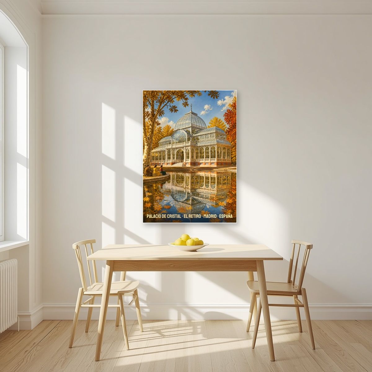 Palacio de Cristal — Madrid art print, unframed poster, styled in a kitchen