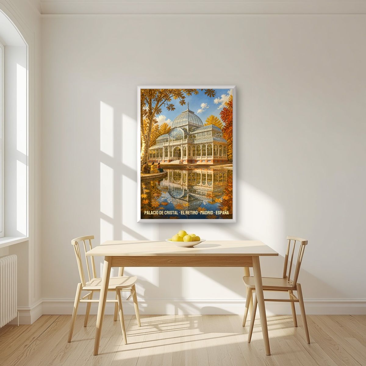 Palacio de Cristal — Madrid art print, in a white frame, styled in a kitchen