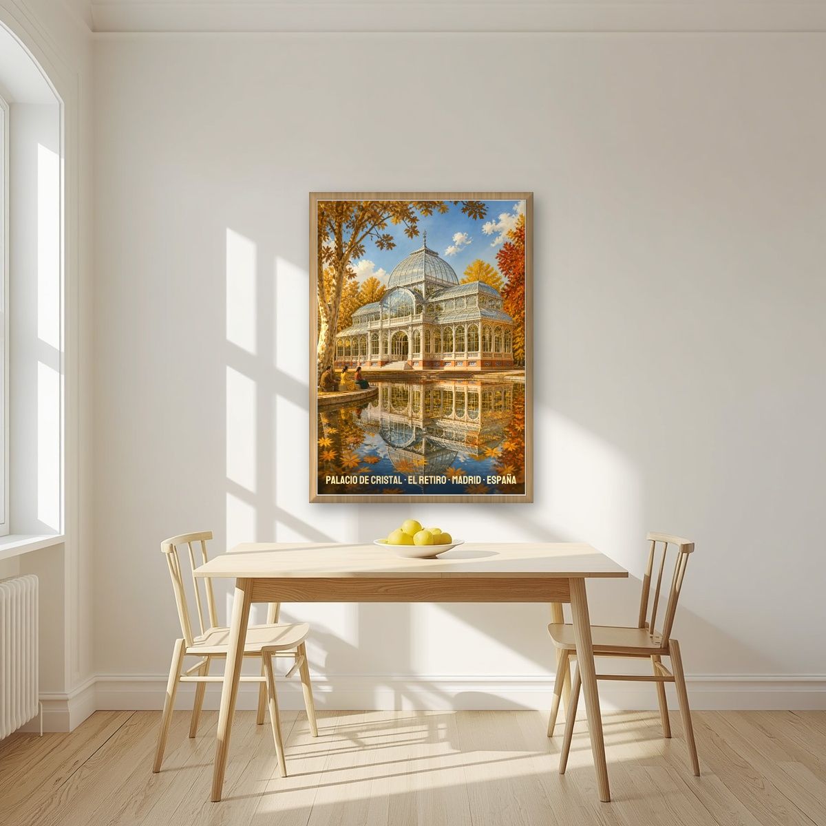 Palacio de Cristal — Madrid art print, in an oak frame, styled in a kitchen