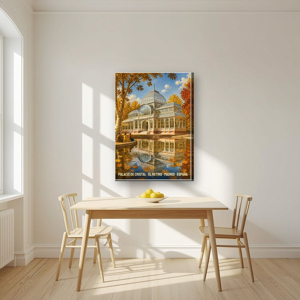 Palacio de Cristal — Madrid art print, on slim canvas, styled in a kitchen
