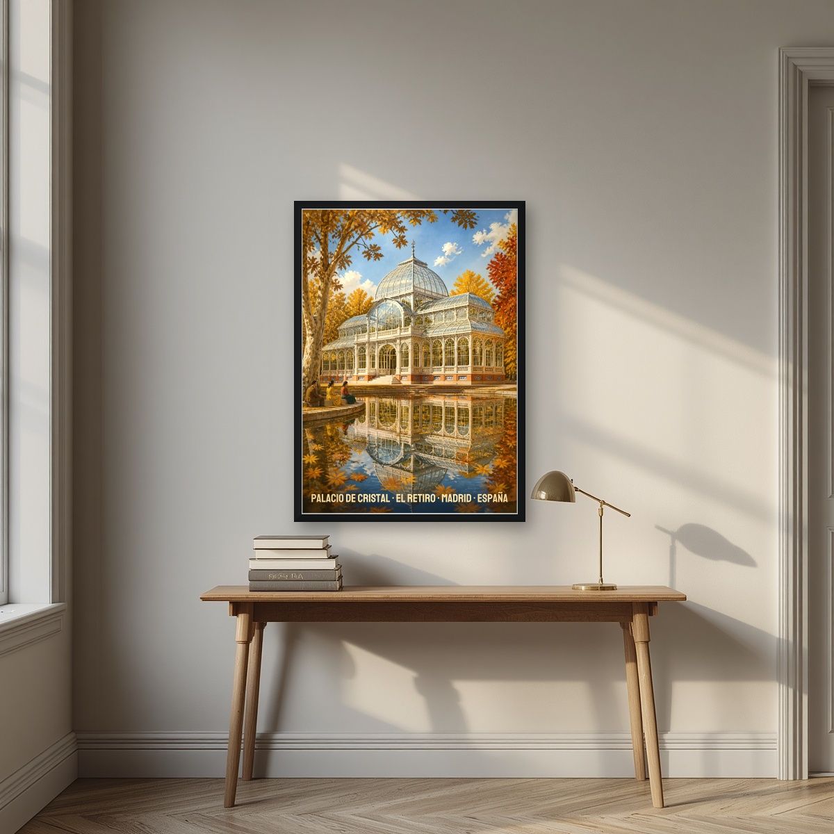 Palacio de Cristal — Madrid art print, in a black frame, styled in a desk
