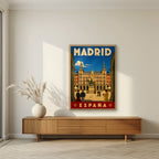 Plaza Mayor — Madrid art print, in an oak frame, styled in a living room