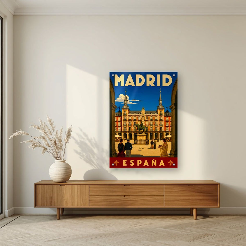 Plaza Mayor — Madrid art print, as an acrylic print, styled in a living room