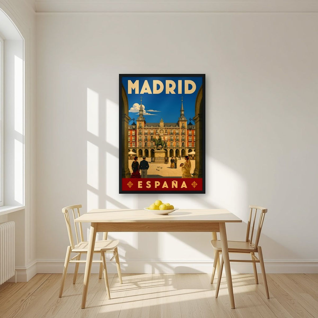 Plaza Mayor — Madrid art print, in a black frame, styled in a kitchen