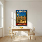 Plaza Mayor — Madrid art print, in a black frame, styled in a kitchen