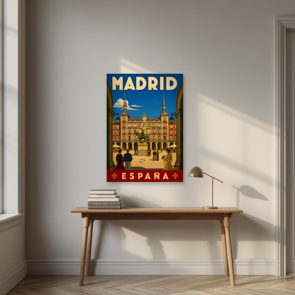 Plaza Mayor — Madrid art print, unframed poster, styled in a desk