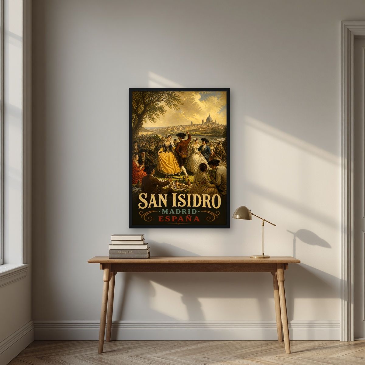 San Isidro — Madrid art print, in a black frame, styled in a desk