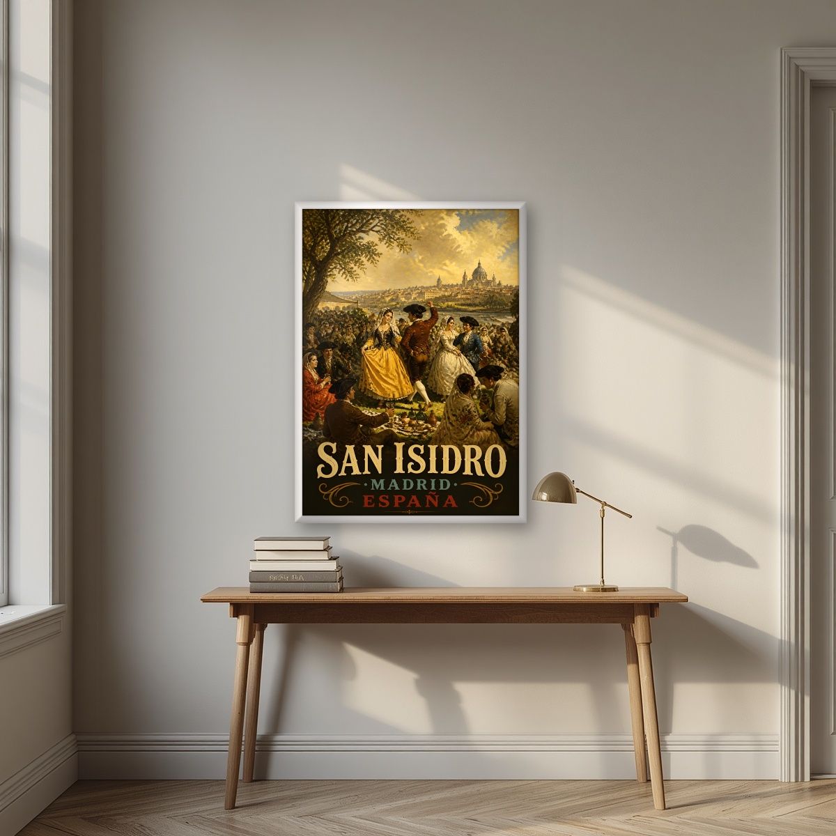 San Isidro — Madrid art print, in a white frame, styled in a desk