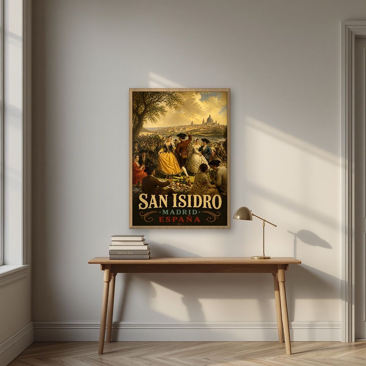 San Isidro — Madrid art print, in an oak frame, styled in a desk