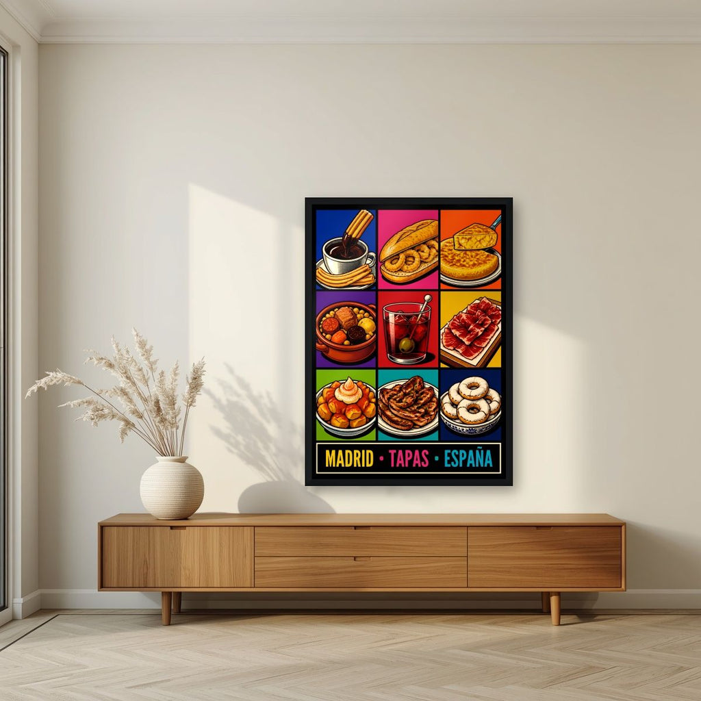 Tapas Madrileñas — Madrid art print, in a black frame, styled in a living room