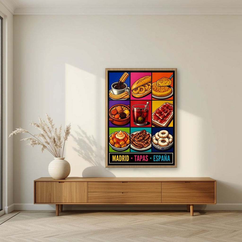 Tapas Madrileñas — Madrid art print, in an oak frame, styled in a living room