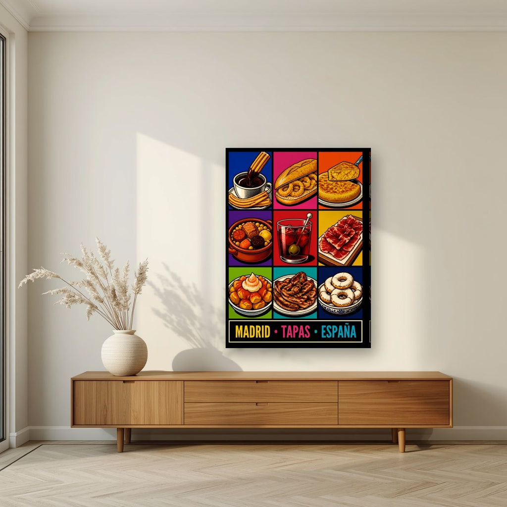 Tapas Madrileñas — Madrid art print, on slim canvas, styled in a living room