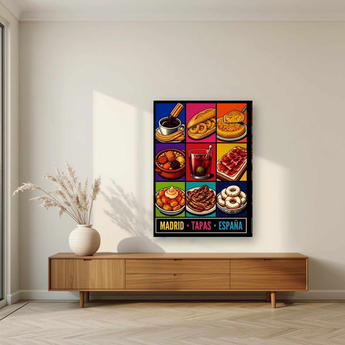Tapas Madrileñas — Madrid art print, on slim canvas, styled in a living room