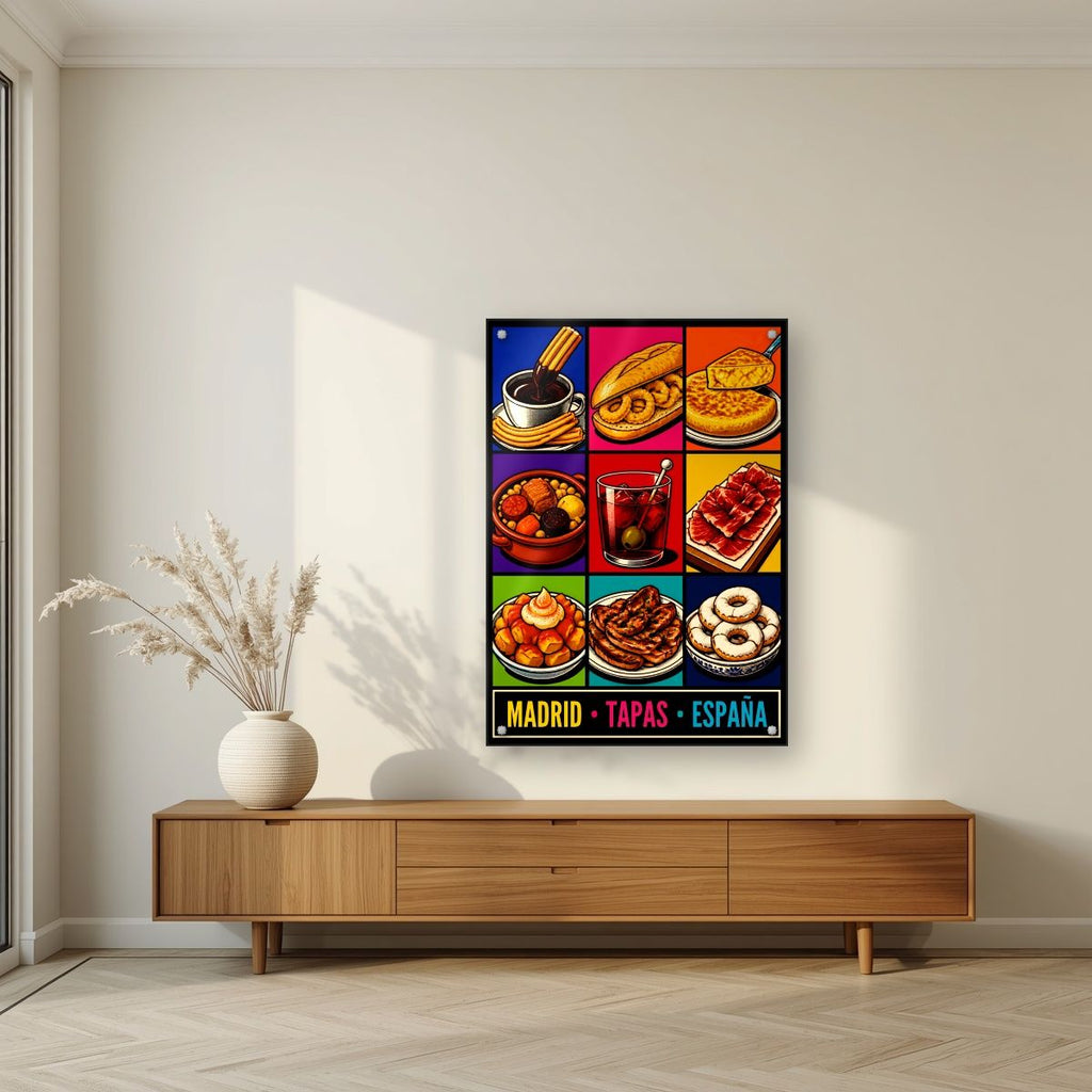 Tapas Madrileñas — Madrid art print, as an acrylic print, styled in a living room