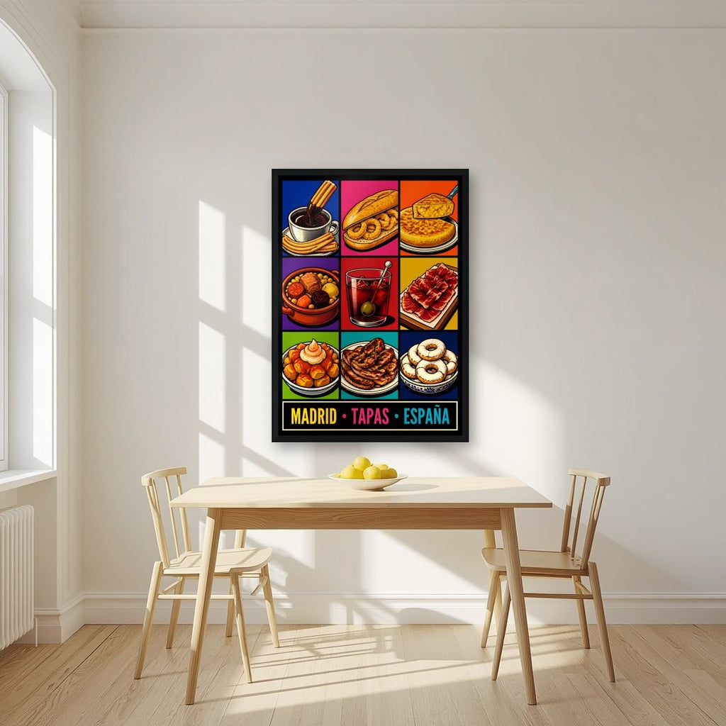 Tapas Madrileñas — Madrid art print, in a black frame, styled in a kitchen