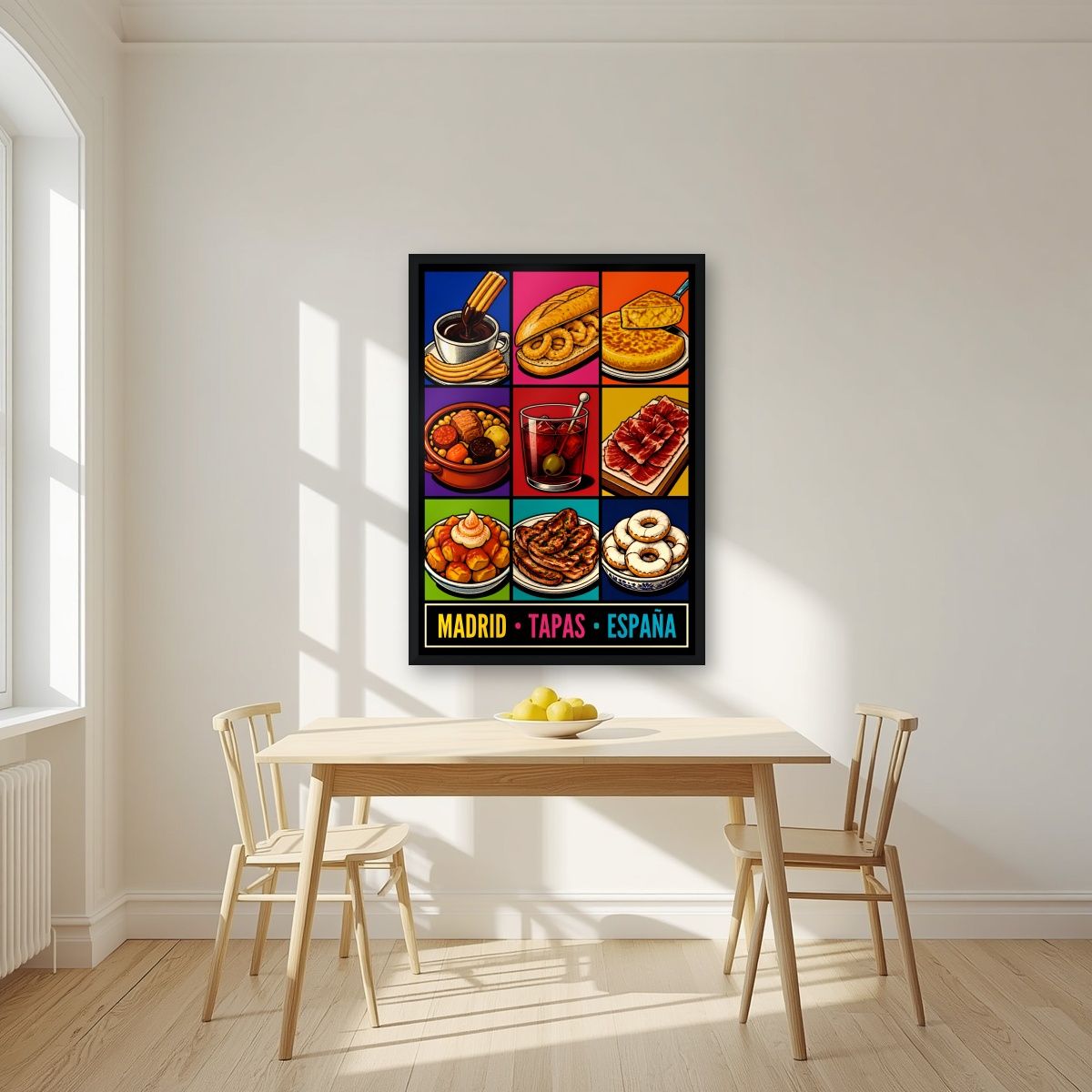 Tapas Madrileñas — Madrid art print, in a black frame, styled in a kitchen