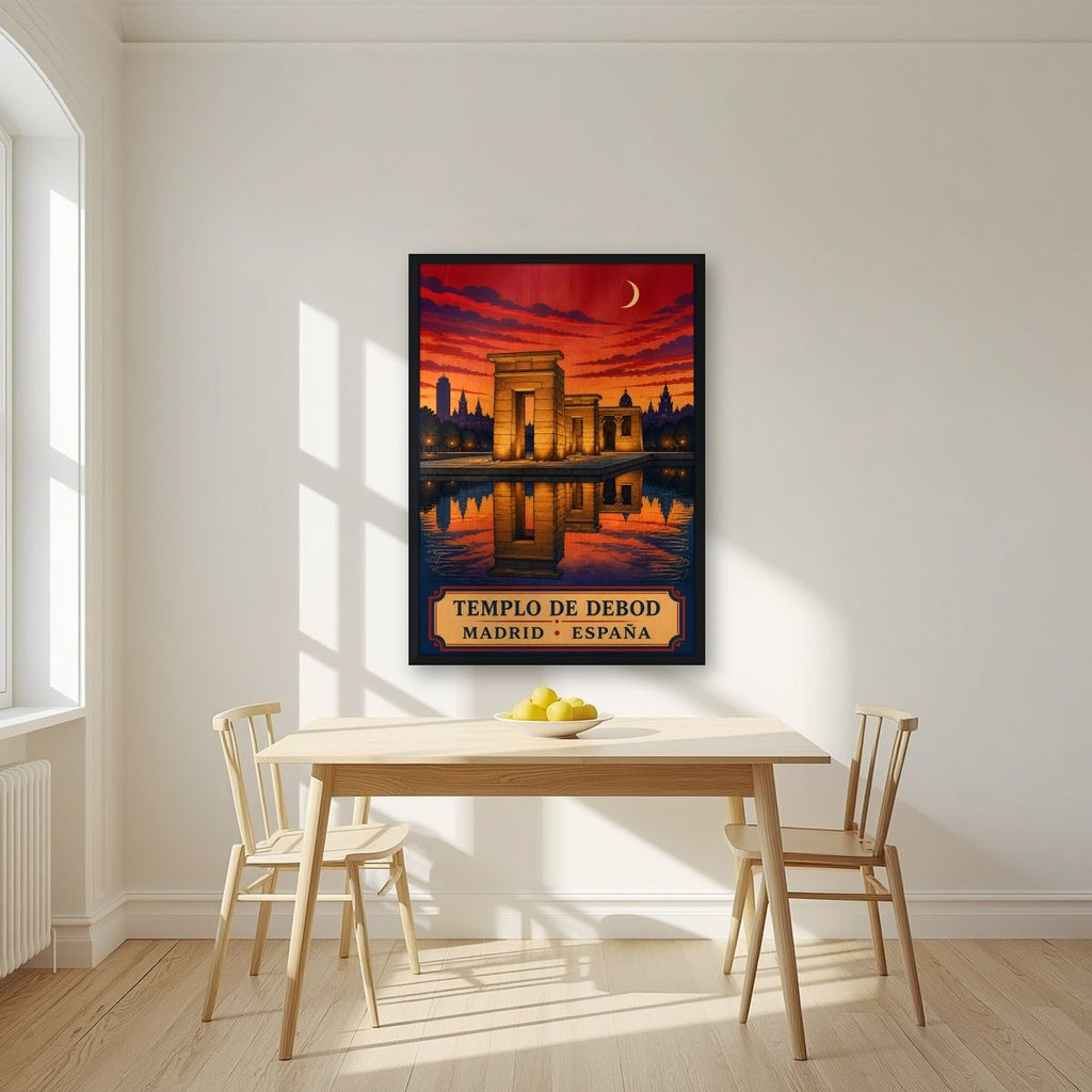 Templo de Debod — Madrid art print, in a black frame, styled in a kitchen