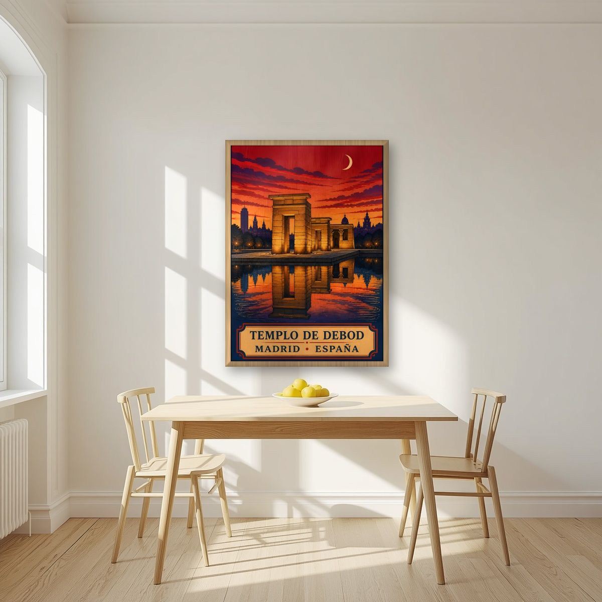 Templo de Debod — Madrid art print, in an oak frame, styled in a kitchen