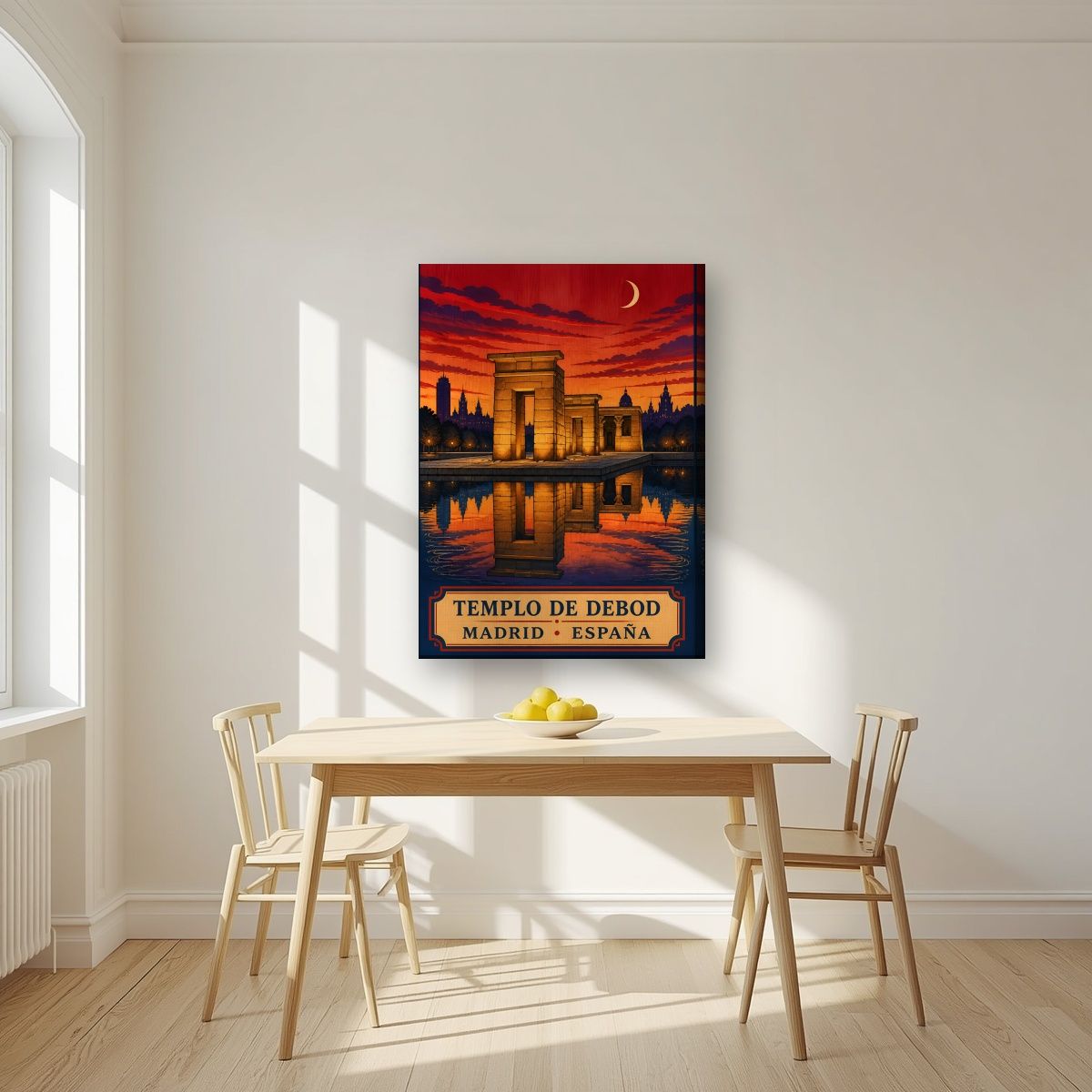 Templo de Debod — Madrid art print, on slim canvas, styled in a kitchen