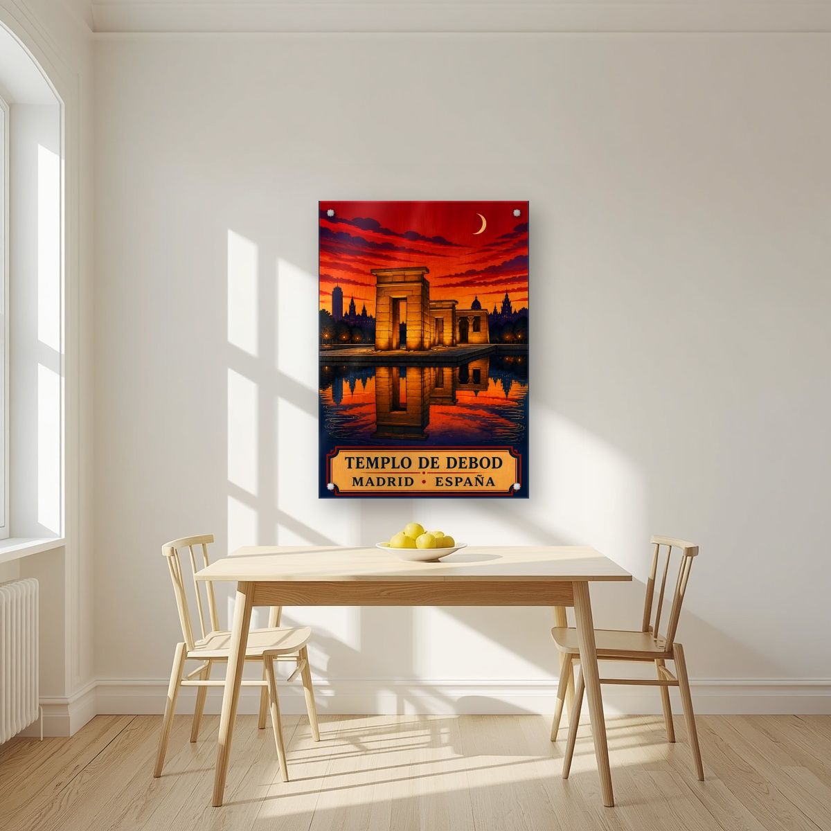Templo de Debod — Madrid art print, as an acrylic print, styled in a kitchen