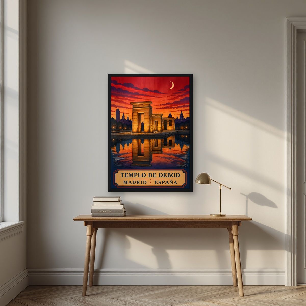 Templo de Debod — Madrid art print, in a black frame, styled in a desk