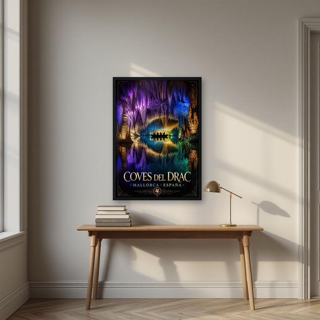 Coves del Drac — Mallorca art print, in a black frame, styled in a desk