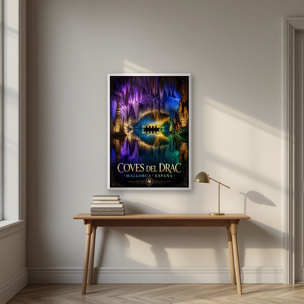 Coves del Drac — Mallorca art print, in a white frame, styled in a desk